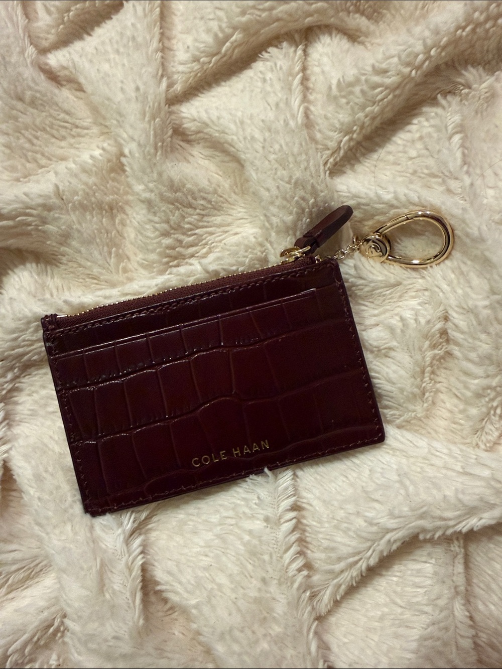 Cole Haan Croc-Embossed Cardholder Key Fob - Burgundy with Gold Hardware